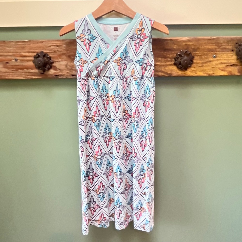 Tea Collection Girls Size 6 Blue Pink Geometric Floral Faux Wrap Cotton Dress